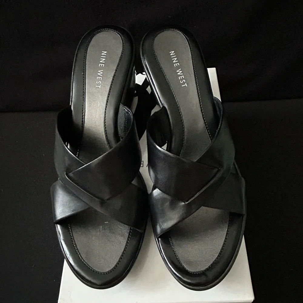 Nine West, Brand New, Black Leather Wedge Heel Sandals, Size 8 M